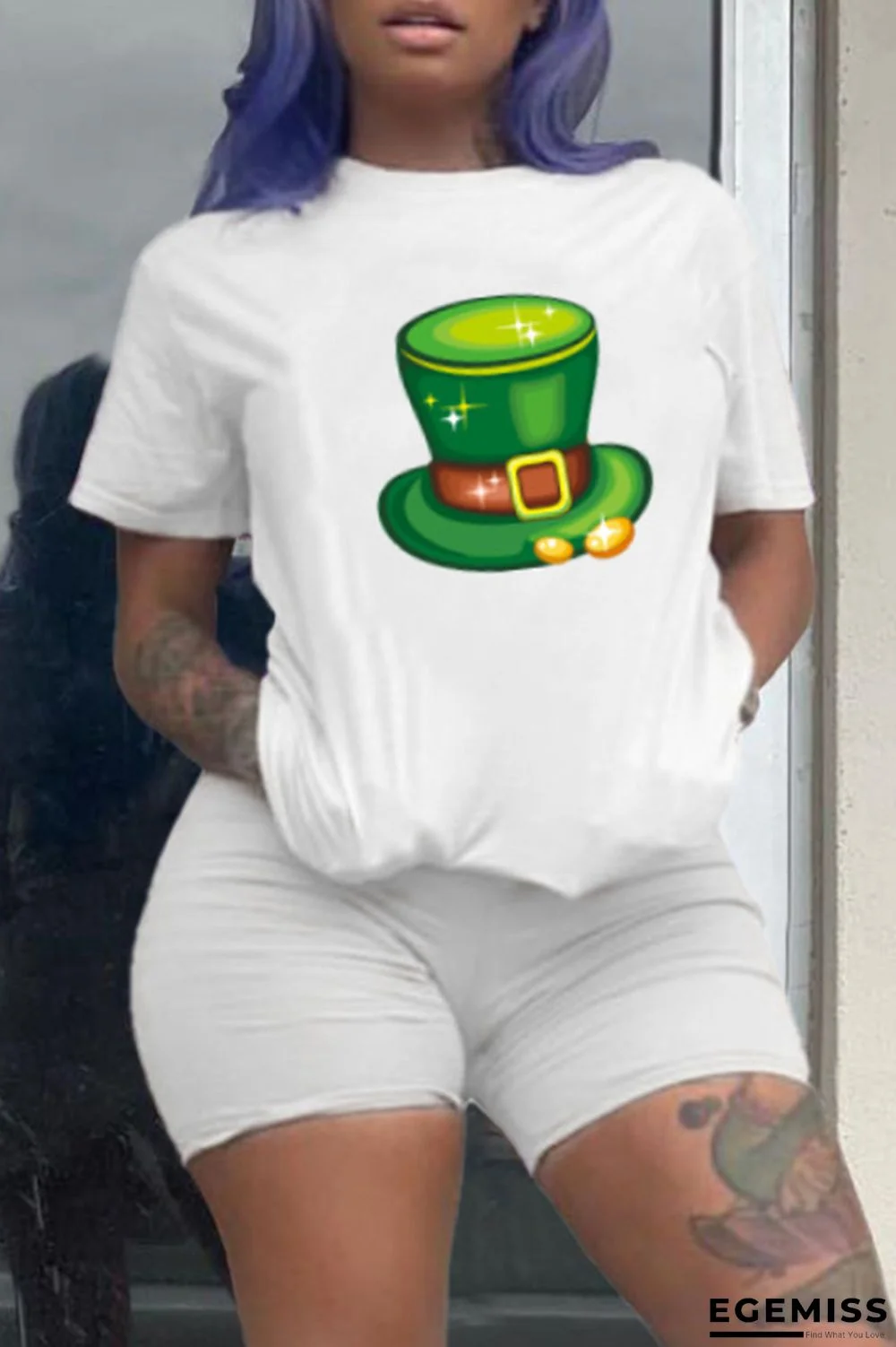 White Fashion Casual Print Basic O Neck Short Sleeve Two Pieces | EGEMISS