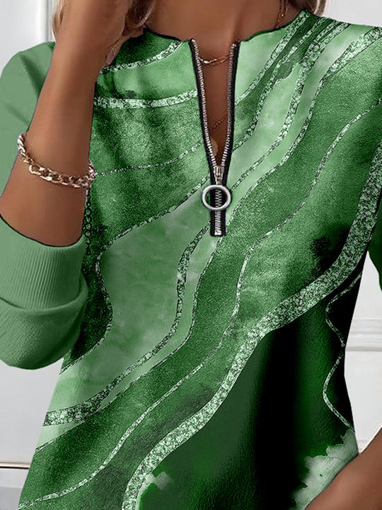 Women Long Sleeve Scoop Neck Striped Colorblock Printed Graphic Zipper Tops