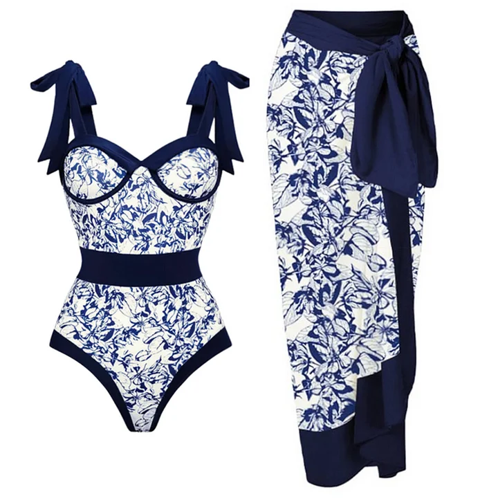 Tie-shoulder Push Up Printed One Piece Swimsuit and Sarong Flaxmaker