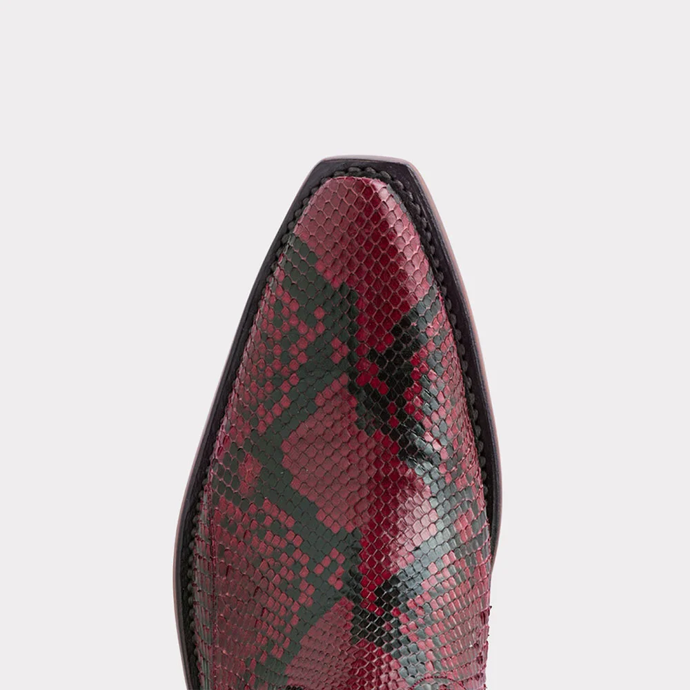Burgundy Snip Toe Python Embossed Stitching Western Mid-Calf Boots