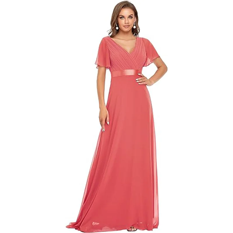 Uveng Uveng Sales Of Large Swing V-Neck Dress Chiffon Elastic Banquet Festival Annual Bridesmaid Performance Evening Dress Woman