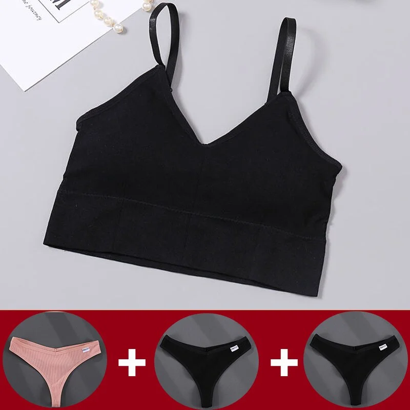 Tank Crop Top Bra + 3PCS Panties Set Fashion Solid Color Bra Set for Women Intimates Underwear Female Lingerie Casual Bralette