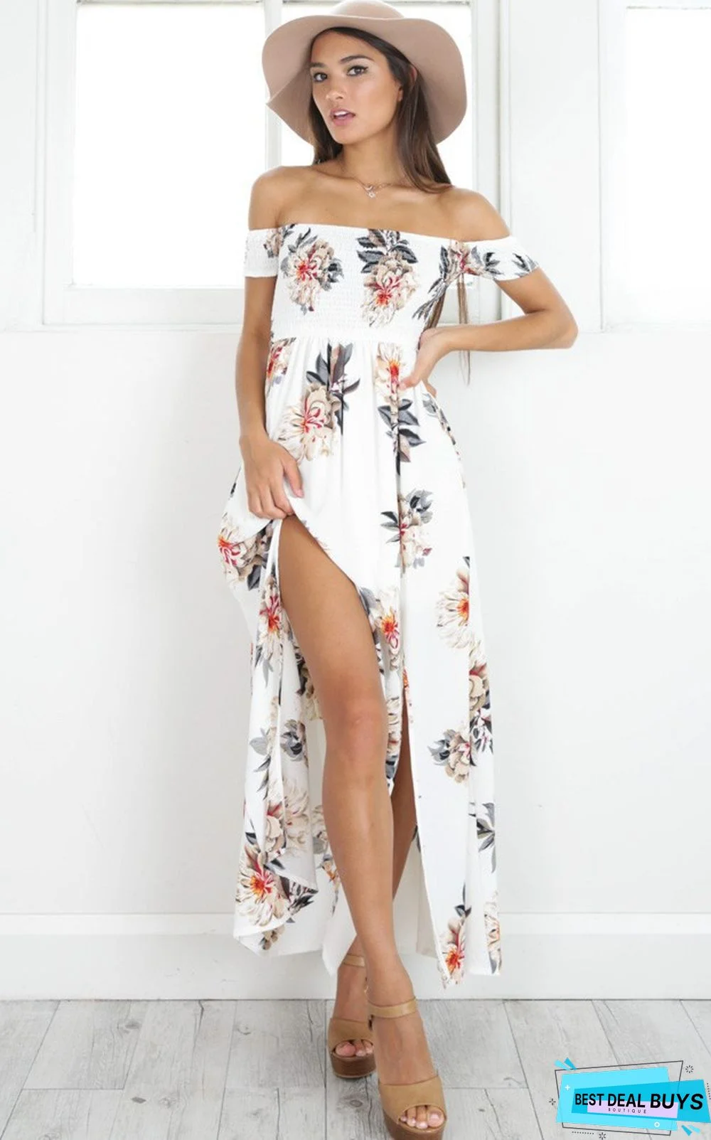 Chest-Wrapped Flower Printed Beach Gown White Dresses