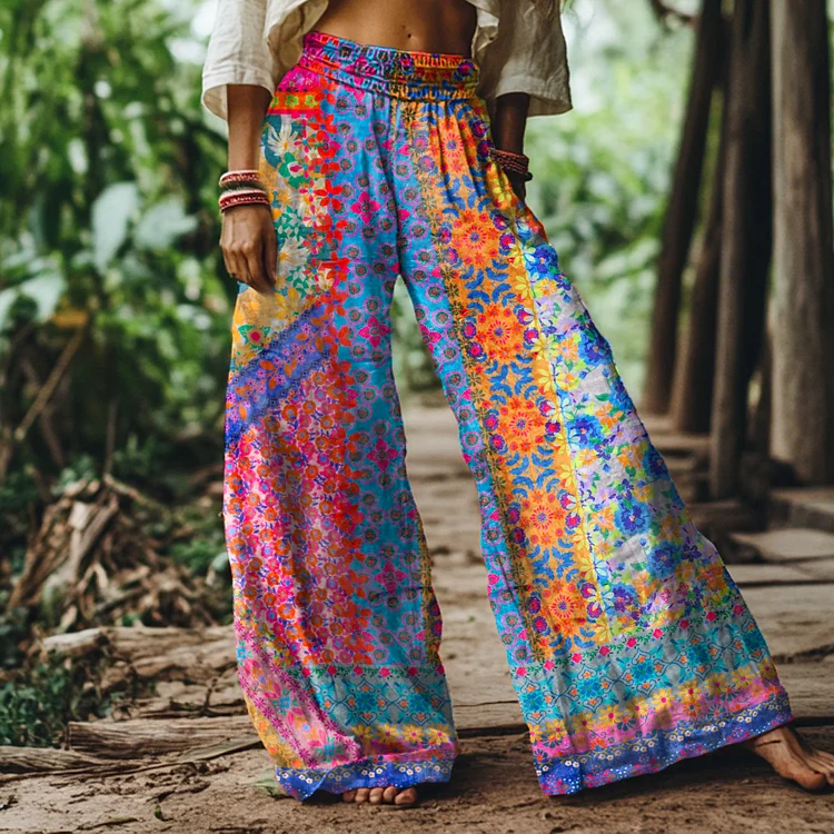 Vintage Bohemian Floral Print Loose Wide-leg Pants