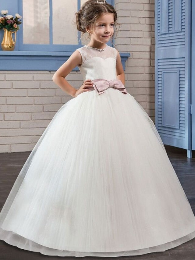 Oknass Sleeveless Jewel Neck Ball Gown Flower Girl Dress Tulle With Sash Ribbon Bow Embroidery
