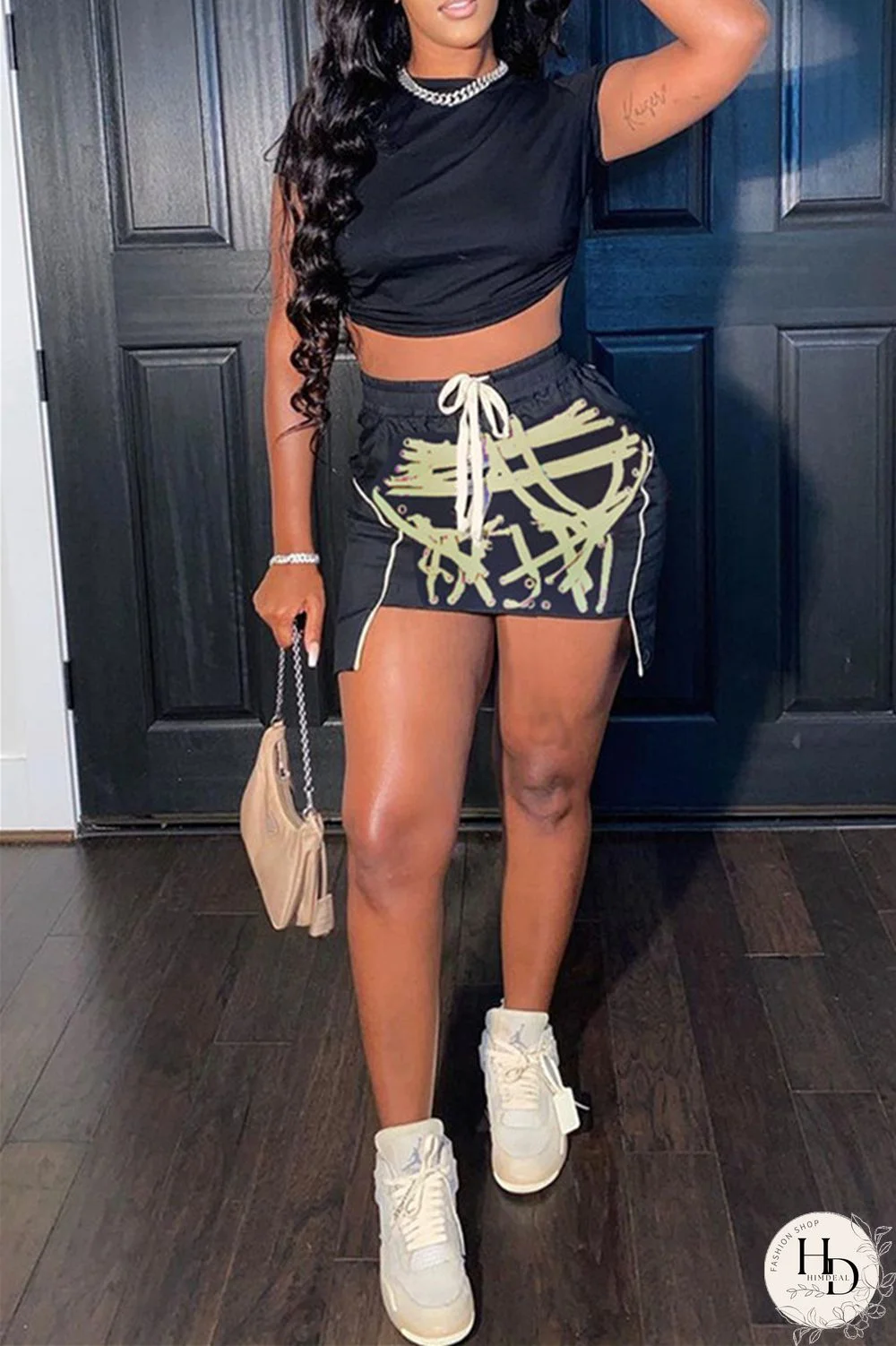 Red Fashion Sexy Print Asymmetrical O Neck Short Sleeve Two Pieces