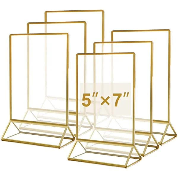MaxGear x Acrylic Sign Holder with Gold Borders and Vertical Stand,  Double Sided Table Menu Holders Picture Frames for Wedding Table Numbers,  Restaurant Signs, Photos Art Display-12 Pack 4x6'' 12 Pack-Gold