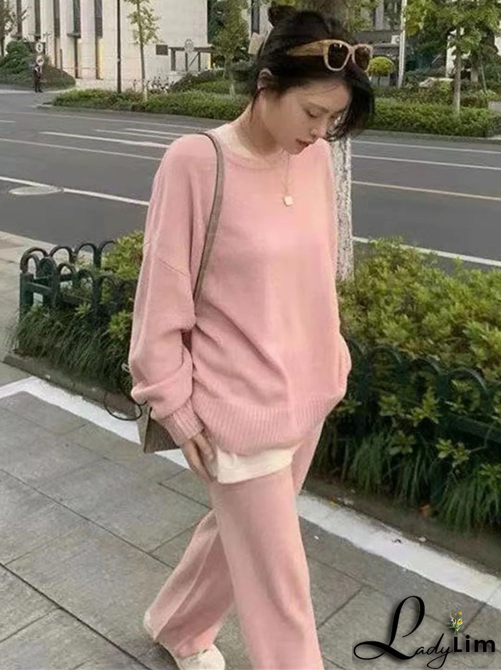 Casual Loose Solid Color Round-Neck Sweater Tops & Wide Leg Pants Suits