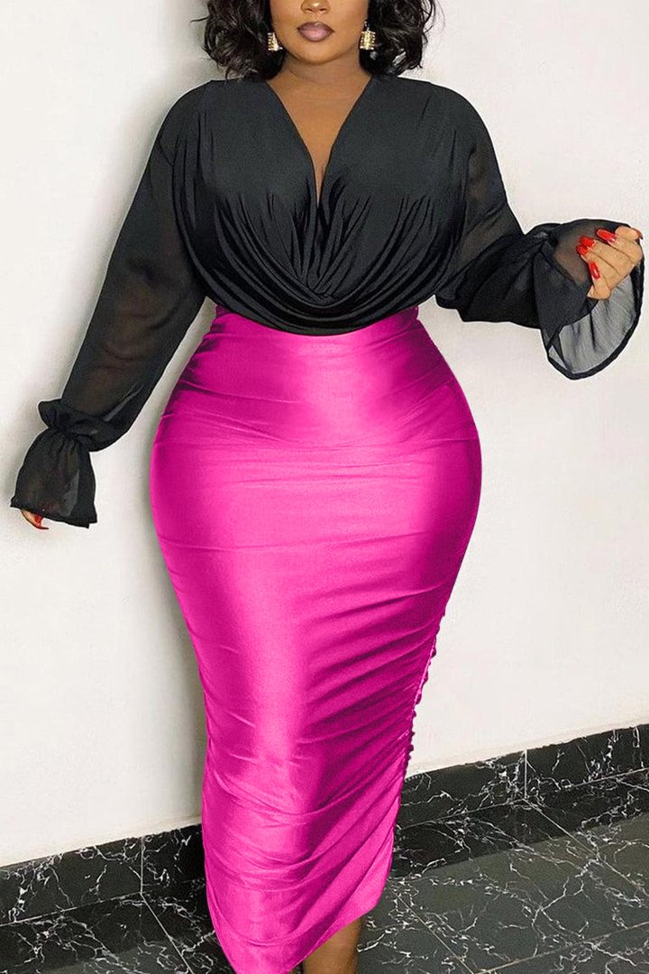 Xpluswear Plus Size Casual Hot Pink Ruched Bodycon Skirt