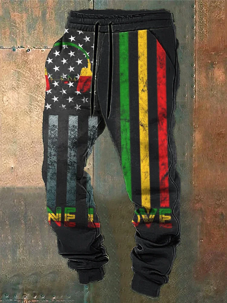 Reggae Music One Love Flag Print Elastic Waist Tie-Up Sweatpants