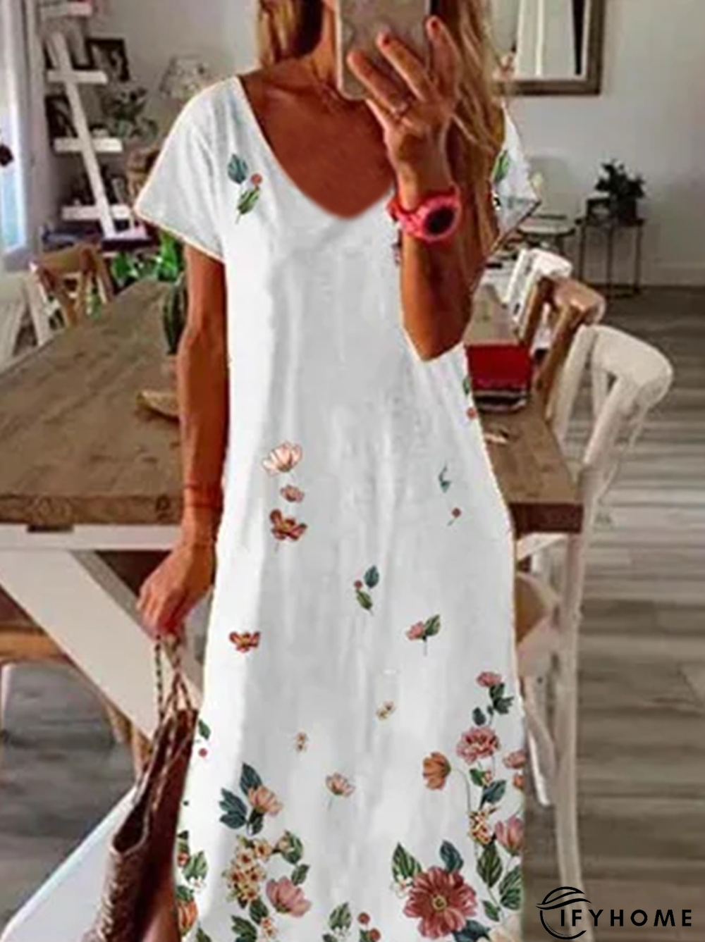 Floral-print Casual Short Sleeve V neck Knitting Dress | IFYHOME