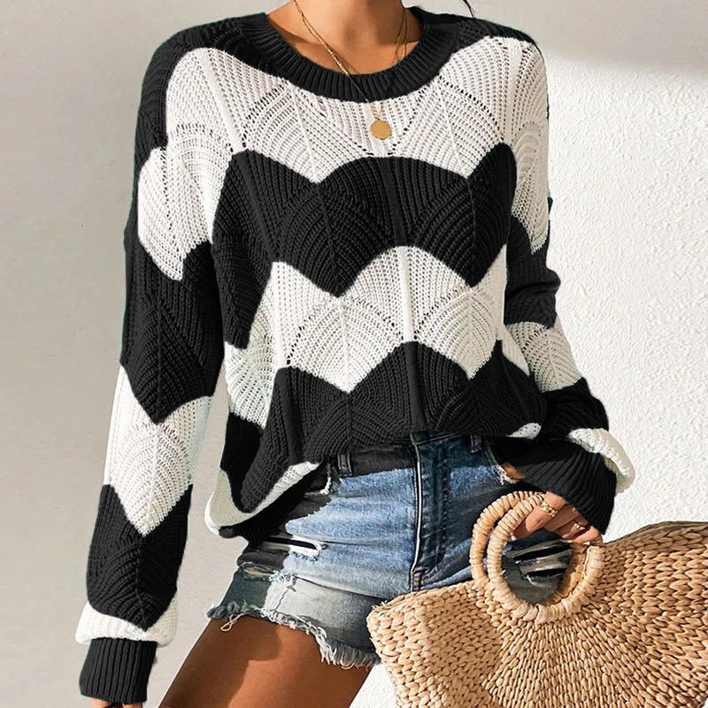 Athvotar Athvotar Yang Autumn New Fur Women's Loose Round Collar Hit The Striped Long-Sleeved Knitted Shirt Top
