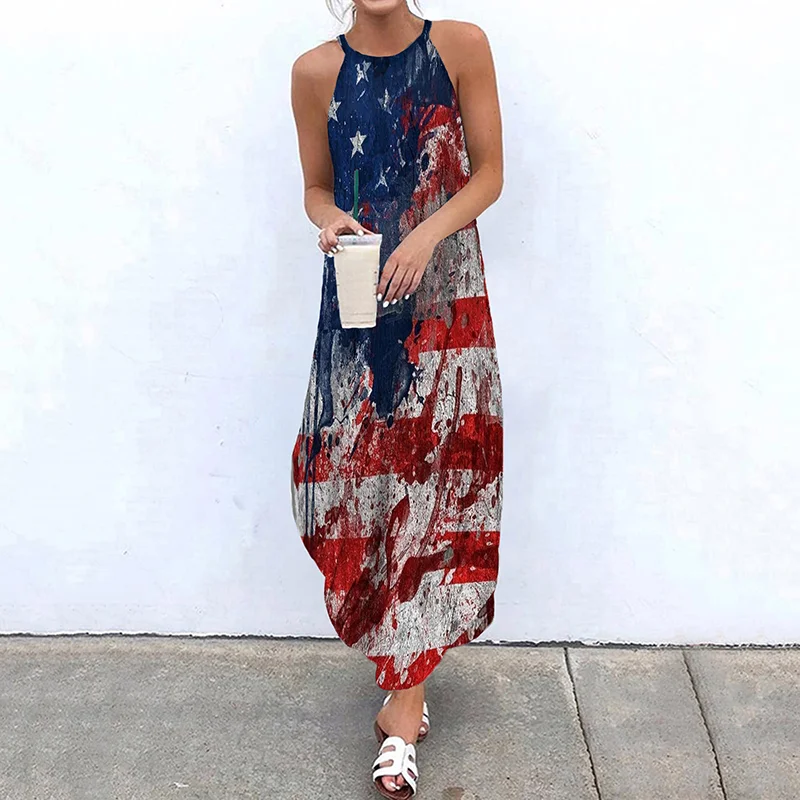 American Flag Print Sleeveless Midi Dress