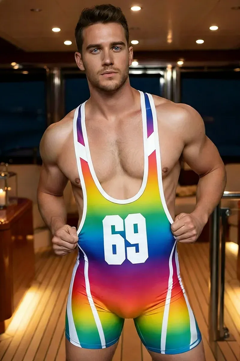 Ciciful Men's Rainbow Ombre 69 Printed Pride Stretchy Singlet Romper