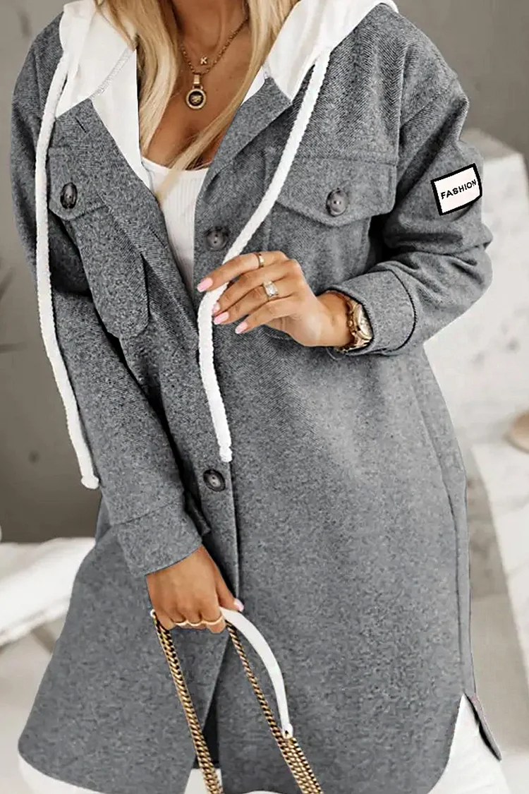 Flycurvy Plus Size Casual Grey Pocket Contrast Color Single Breasted Hooded Coat