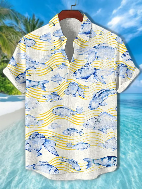 Men's Fish Line Waves Art Print Casual Shirt