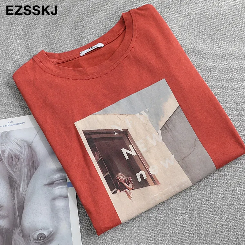 Pure cotton t-shirt women's summer ins short-sleeved 2021 new sanding bottoming shirt  loose printed t-shirt top