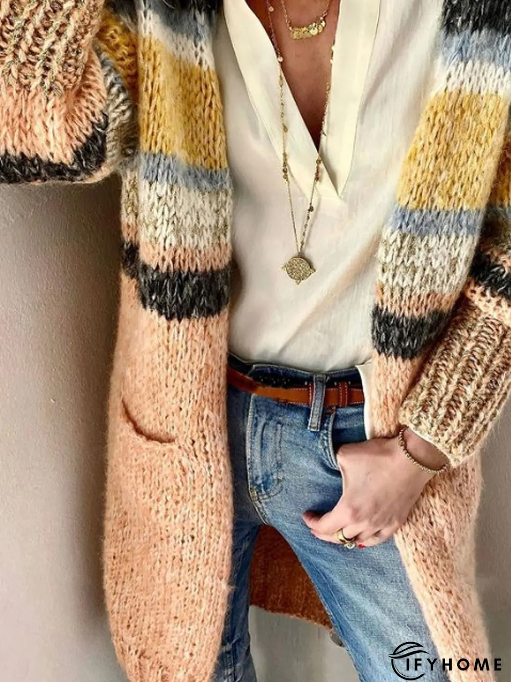 Women Casual Color Block Winter Heavyweight Daily Loose Long sleeve WoolKnitting Mid-long | IFYHOME
