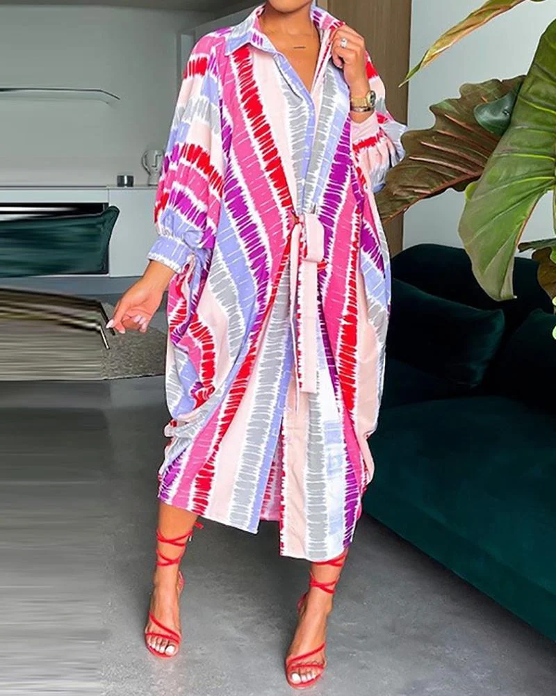 Casual tie-dye striped print lace-up dress