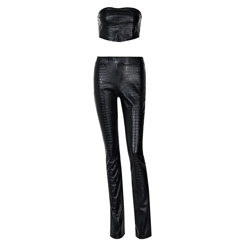 Hawthaw Women Autumn Winter Pu Leather Strapless Crop Tube Tops Long Pants Two Piece Set Suit 2020 Feamle Clothing Streetwear
