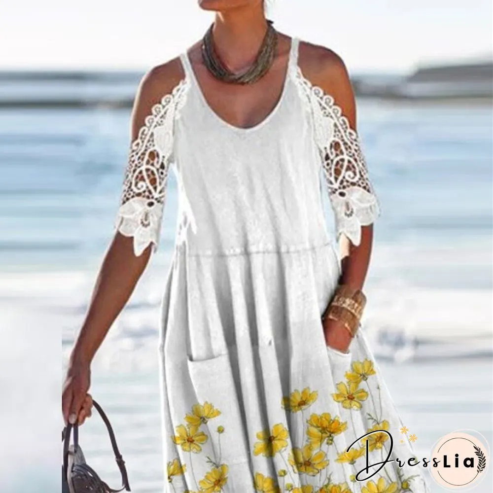 Vintage Floral Print Pocket Dress-Womens Casual Lace Patchwork Neck Hollow Lady Fashion