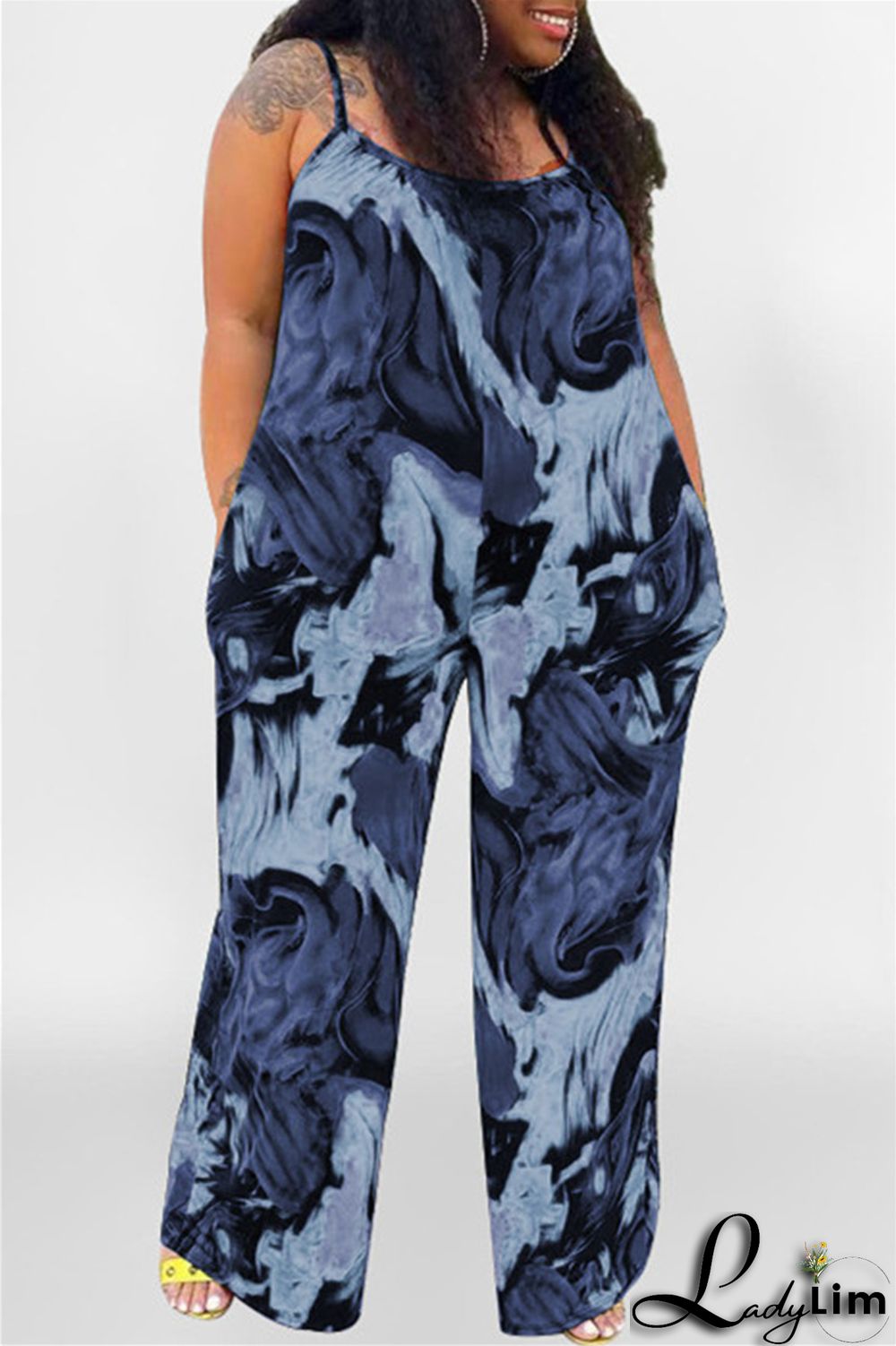 Coffee Sexy Casual Print Backless Spaghetti Strap Plus Size Jumpsuits