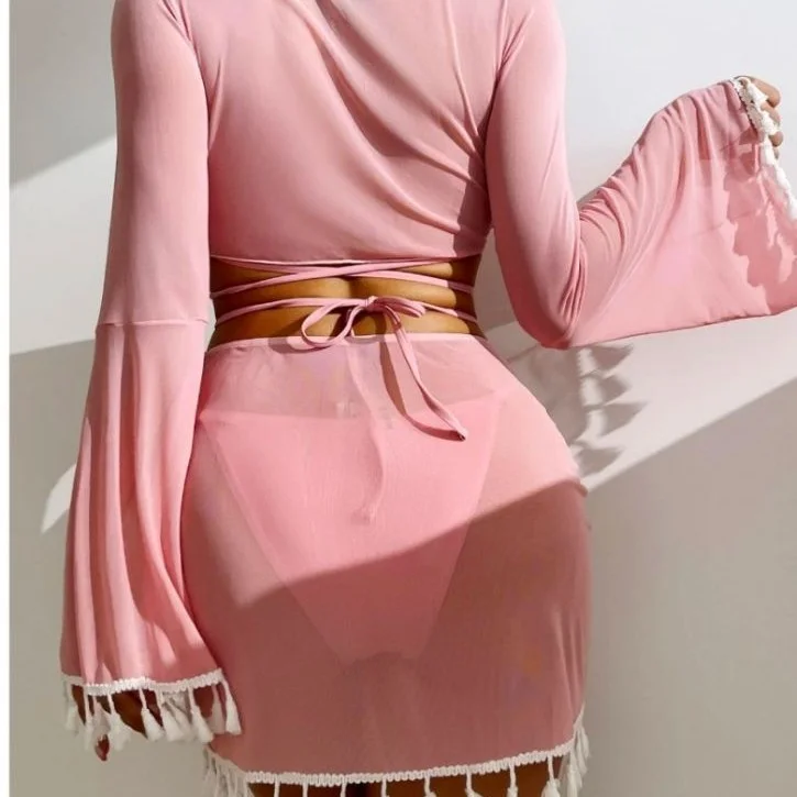 Wongn Wongn New Conservative Four-Piece Set Solid Color Tassel Gauze Skirt Bikini Swimsuit Woman