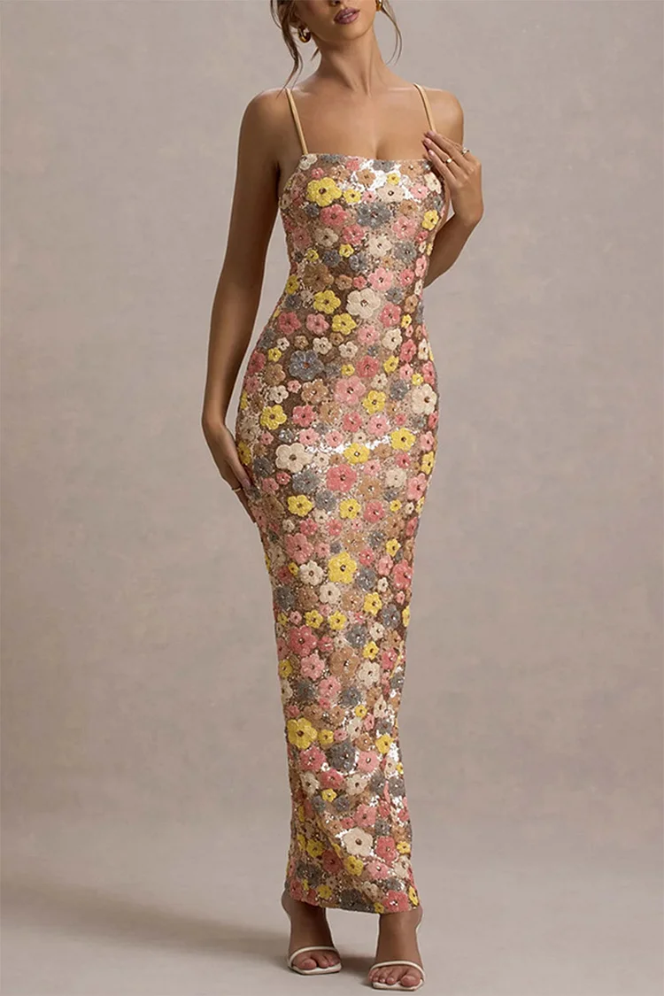 Floral Sequin Spaghetti Strap Maxi Dress-Multicolor
