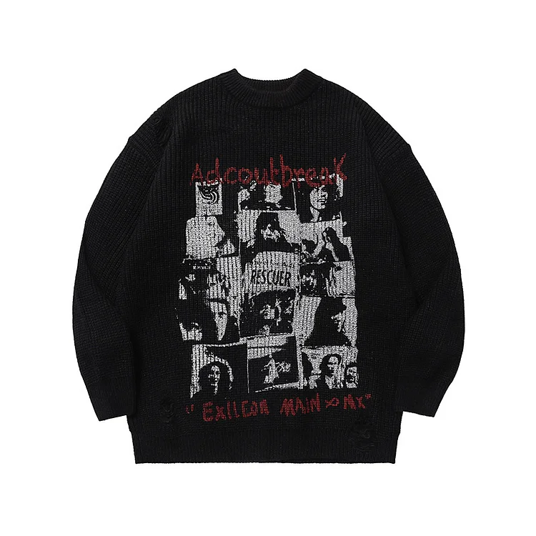 Street Hip Hop Portrait Ripped Sweater Loose Round Neck Sweater at Hiphopee