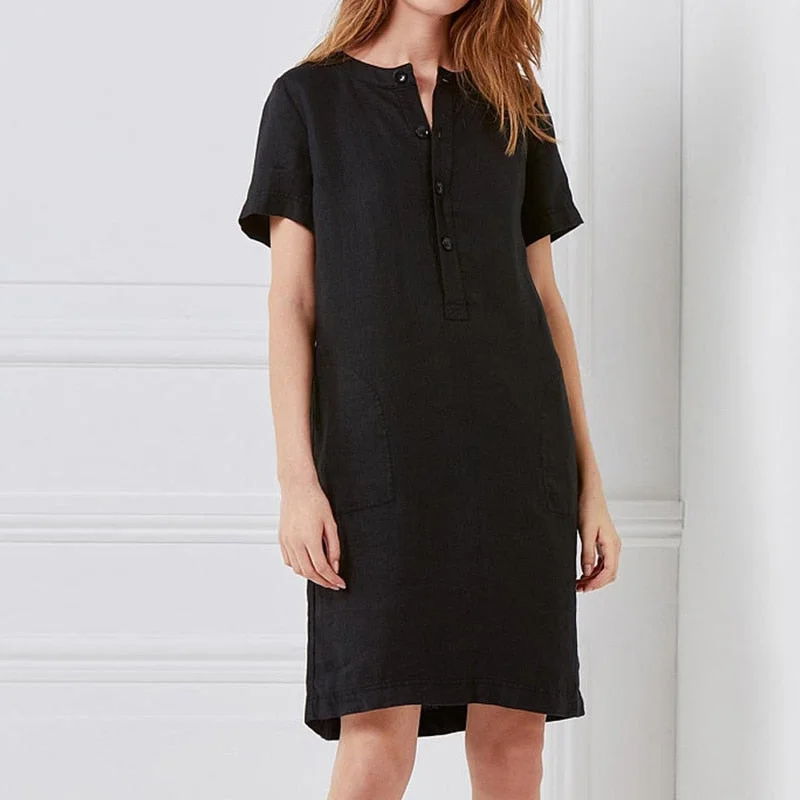 Spring Cotton Linen Dress Fashion Button O-Neck Knee Party Dress Summer Women Casual Short Sleeve Pocket Solid Dresses