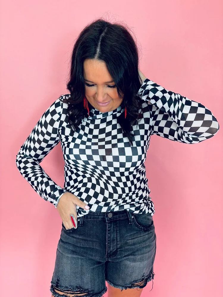 Black Checkered Mesh Long Sleeve Top