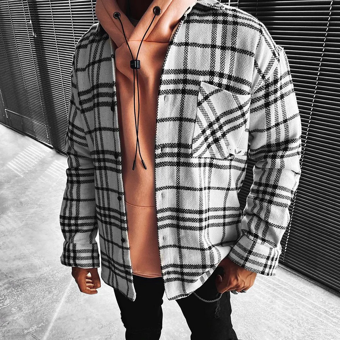 Oversized Check Striped Textured Long Sleeve Shirt/Jacket、、URBENIE