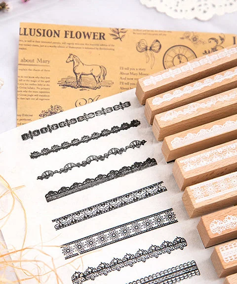 10 Pcs Lace Theme Wooden Rubber Stamps Set-Himinee.com