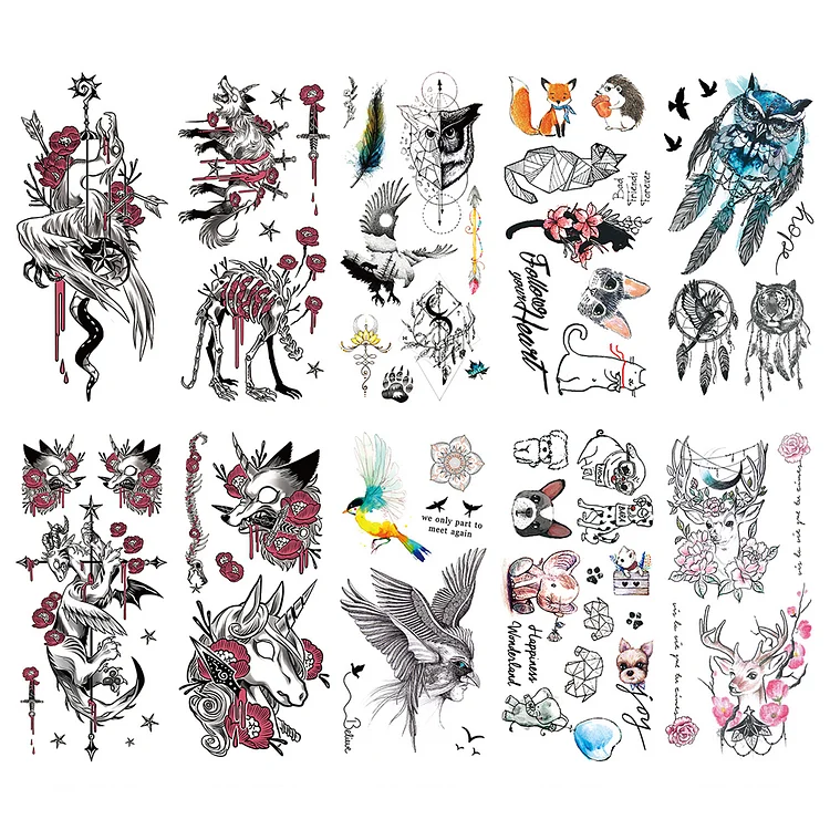 10 Sheets Art Animal Watercolor Temporary Tattoo Stickers Disposable