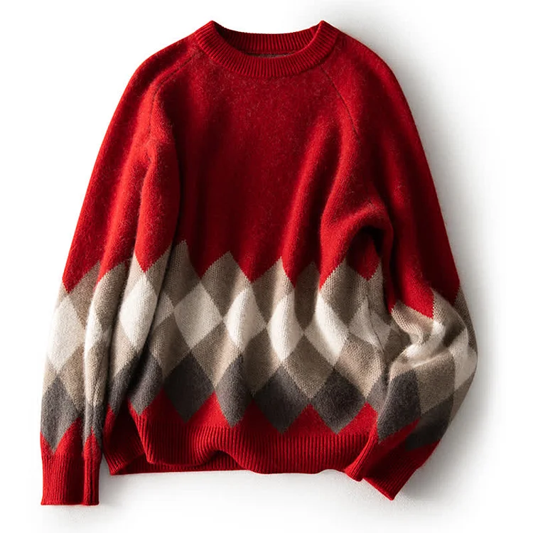 Vintage Rhombus Pattern Print Round Collar Sweater  - Modakawa Modakawa