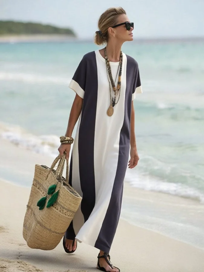 Women's Holiday Contrast Print Round Neck Loose Dress 