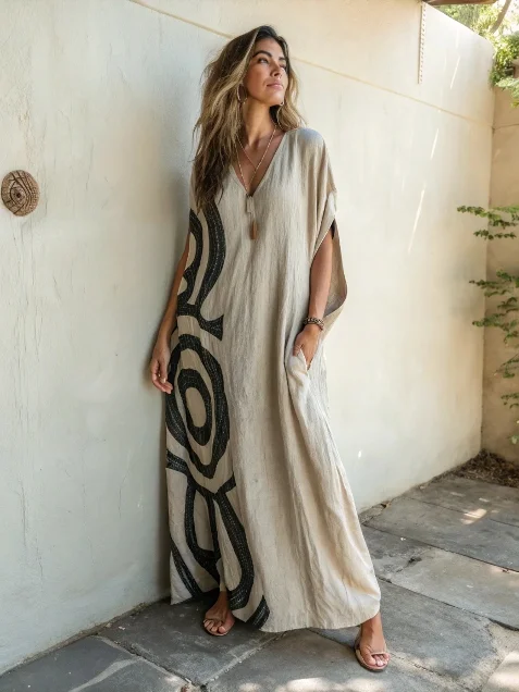 Linen Boho Printed Kaftan Maxi Dress