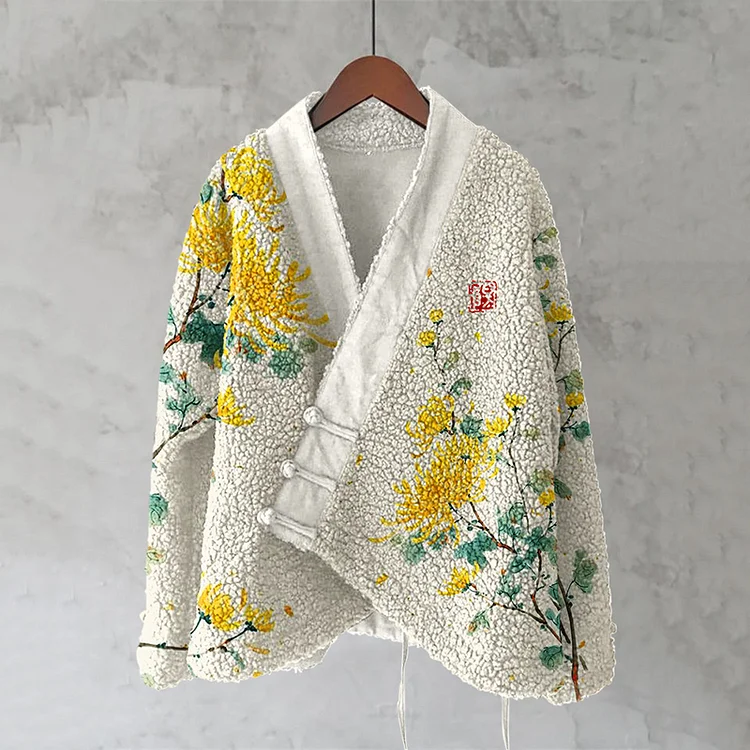 Chrysanthemum Pattern Cozy Fleece Kimono Cardigan