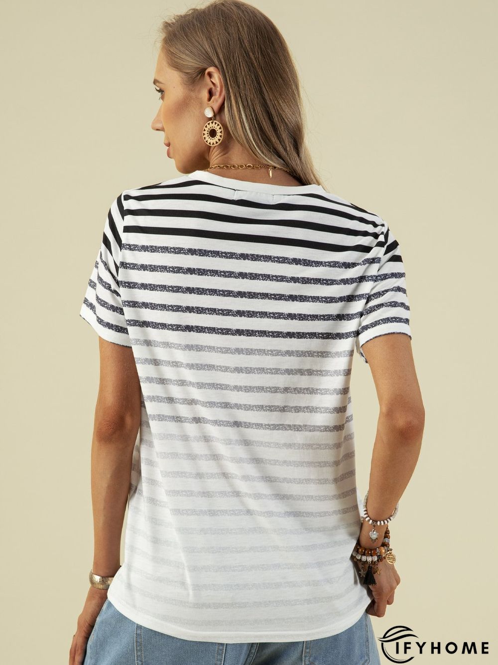 Crew Neck Stripes Short Sleeve T-shirt | IFYHOME
