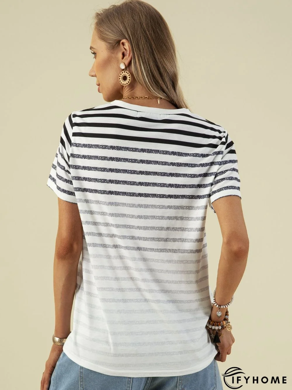 Crew Neck Stripes Short Sleeve T-shirt | IFYHOME