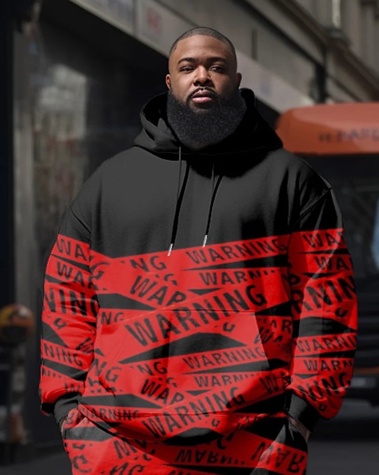 Plus Size Men's Red Strap Warning  Sweatershir Two-Piece Set