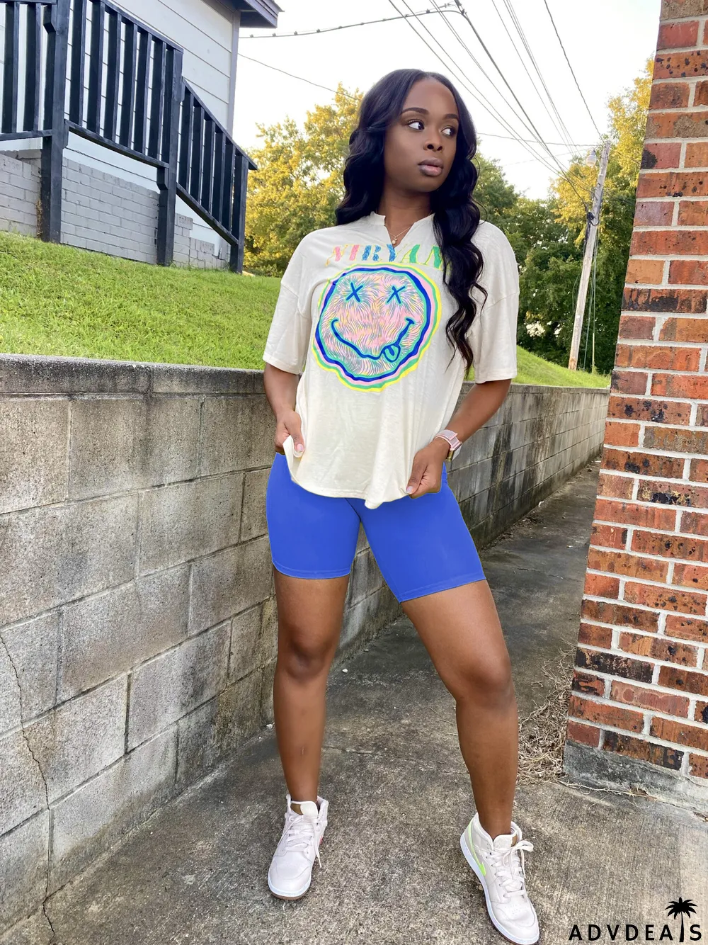 Smiley Print Casual Two-Piece Set