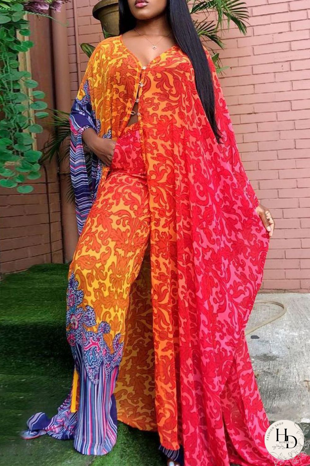 Tangerine Red Fashion Casual Print Slit Long Sleeve Two Pieces