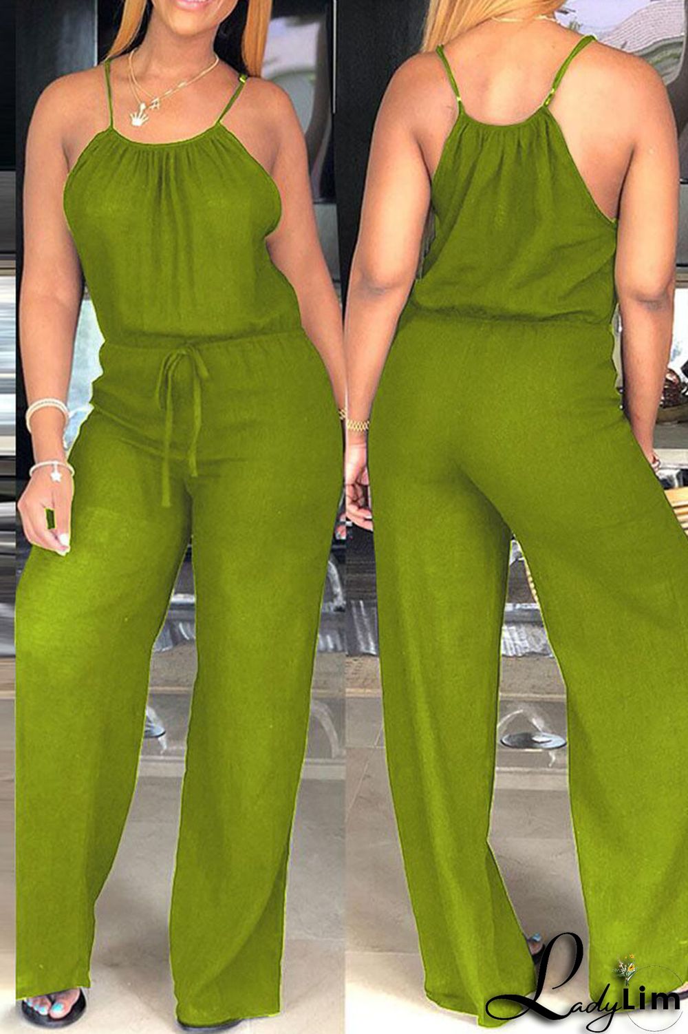 Tangerine Red Casual Solid Patchwork Spaghetti Strap Straight Jumpsuits