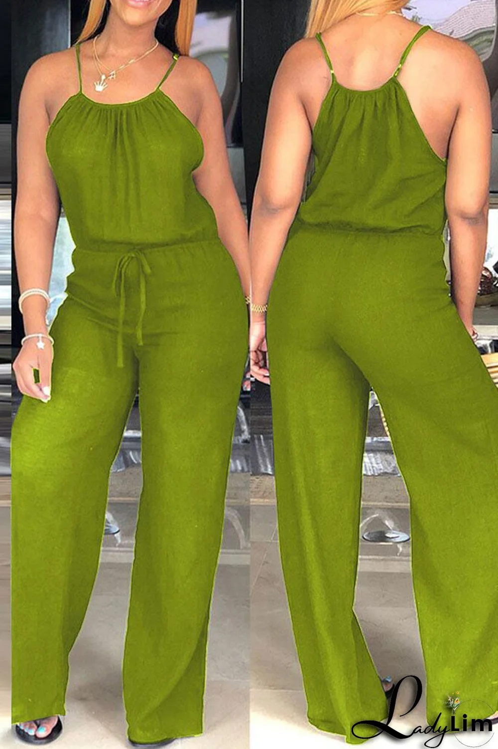 Tangerine Red Casual Solid Patchwork Spaghetti Strap Straight Jumpsuits