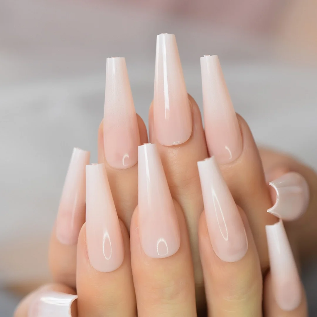 Nude Extra Long Fake Nails Coffin Full Cover Glossy False Nail Long Ballerina Nails with Glue Sticker-Nail Inspo