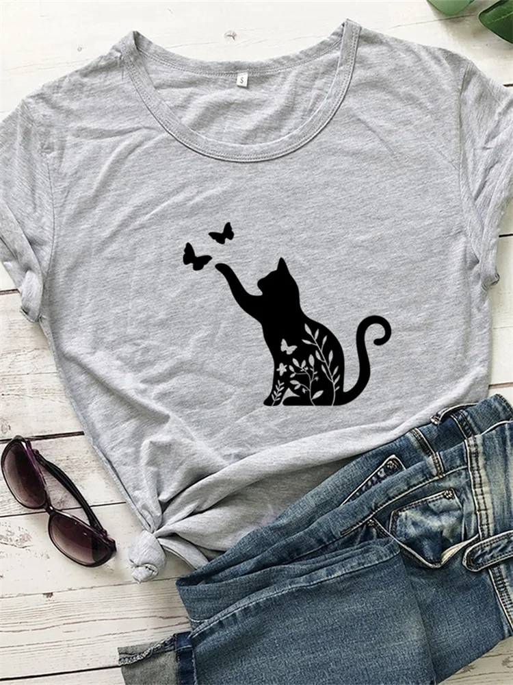 Floral Cat With Butterflies Graphic T Shirt
