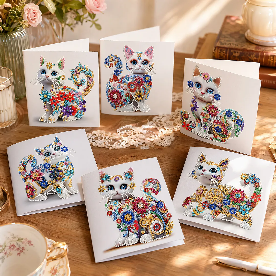 6pcs White Cat DIY Diamond Painting Greeting Card Kits with Envelopes Diamond Art Greeting Cards Diamond Art Cards Kits for Adults DIY Crafts Family Friend Gifts