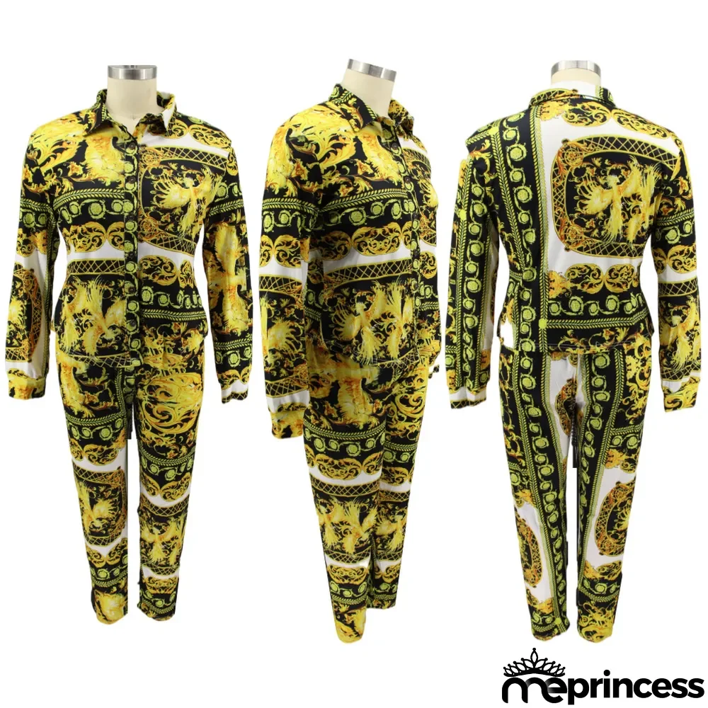 Plus Size Women Vintage Printed Long Sleeve Shirt + Pants Two-Piece Set