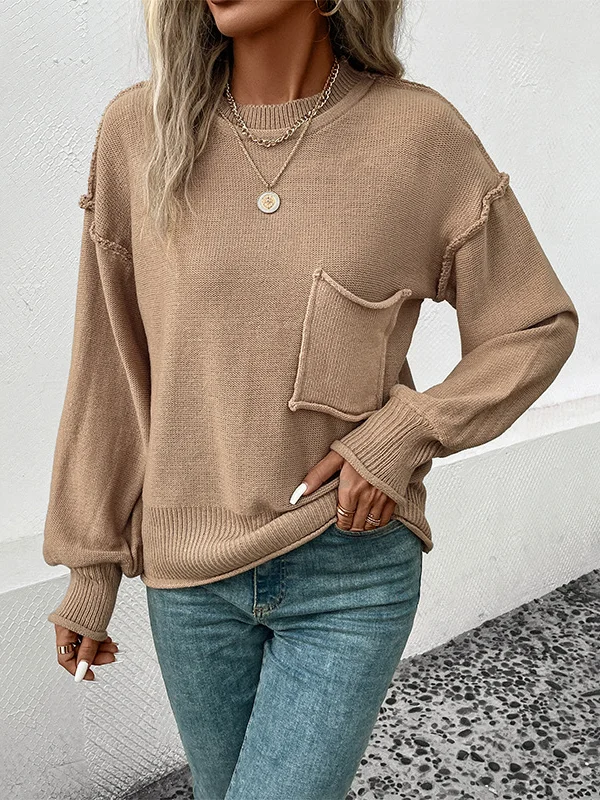 Pockets Solid Color Split-Joint Long Sleeves Loose Round-Neck Sweater Tops Pullovers